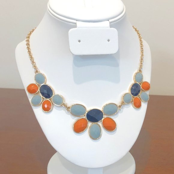 Gold Tone Blue and Orange Statement Necklace Pre-Owned. - Picture 1 of 13